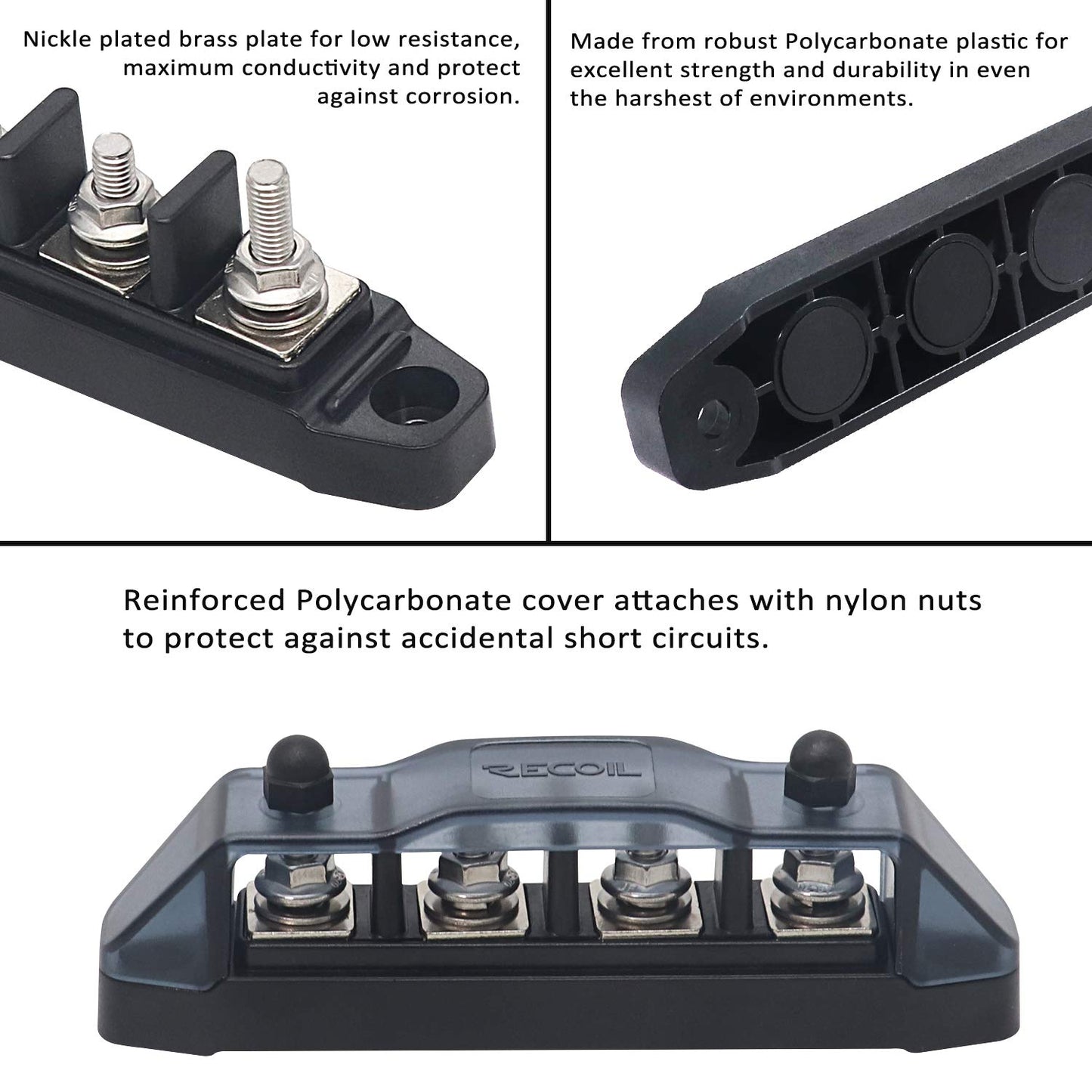 Recoil BBSPG4 Discrete 4 Position Barrier Strip Bus Bar 4 x M5 Studs Terminals Power Distribution Block Busbar with Ring Terminals