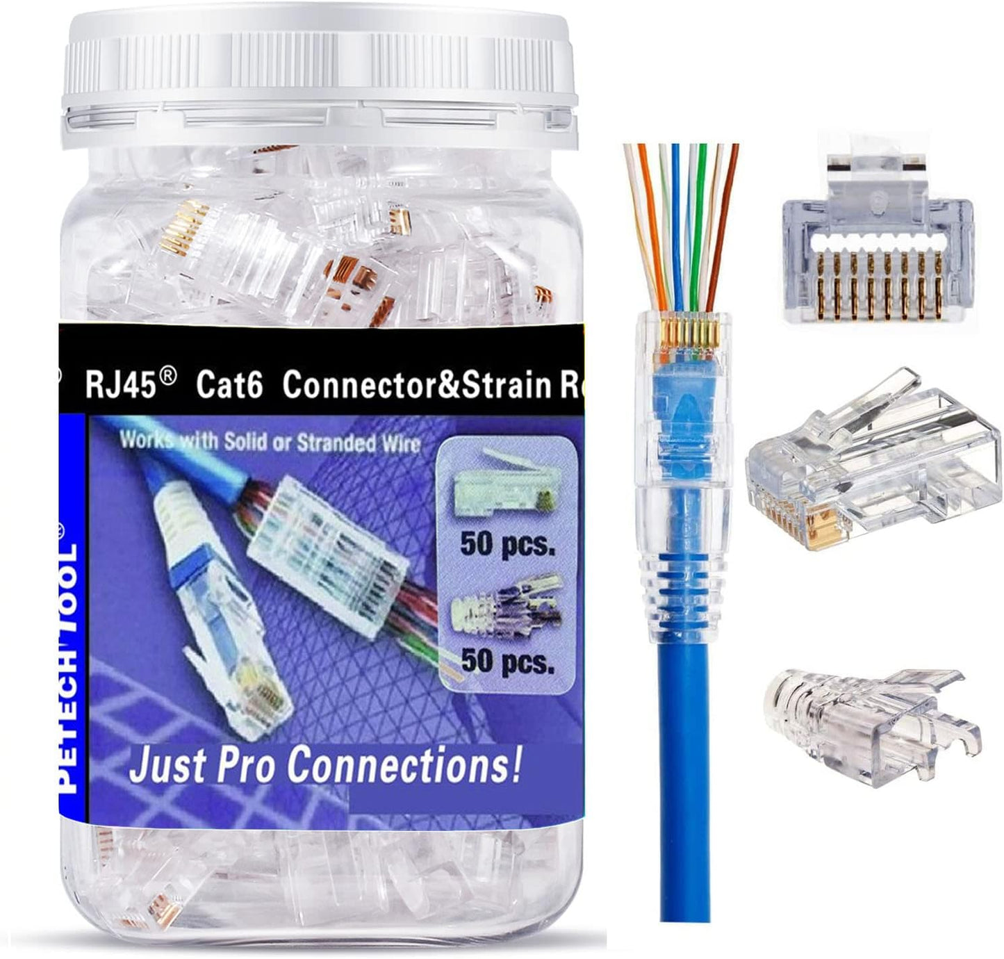 PETECHTOOL RJ45 CAT6 Pass Through Connectors Gold Plated 8P8C Plugs and Strain Relief (50xcat6plug+50xstrain Relief)