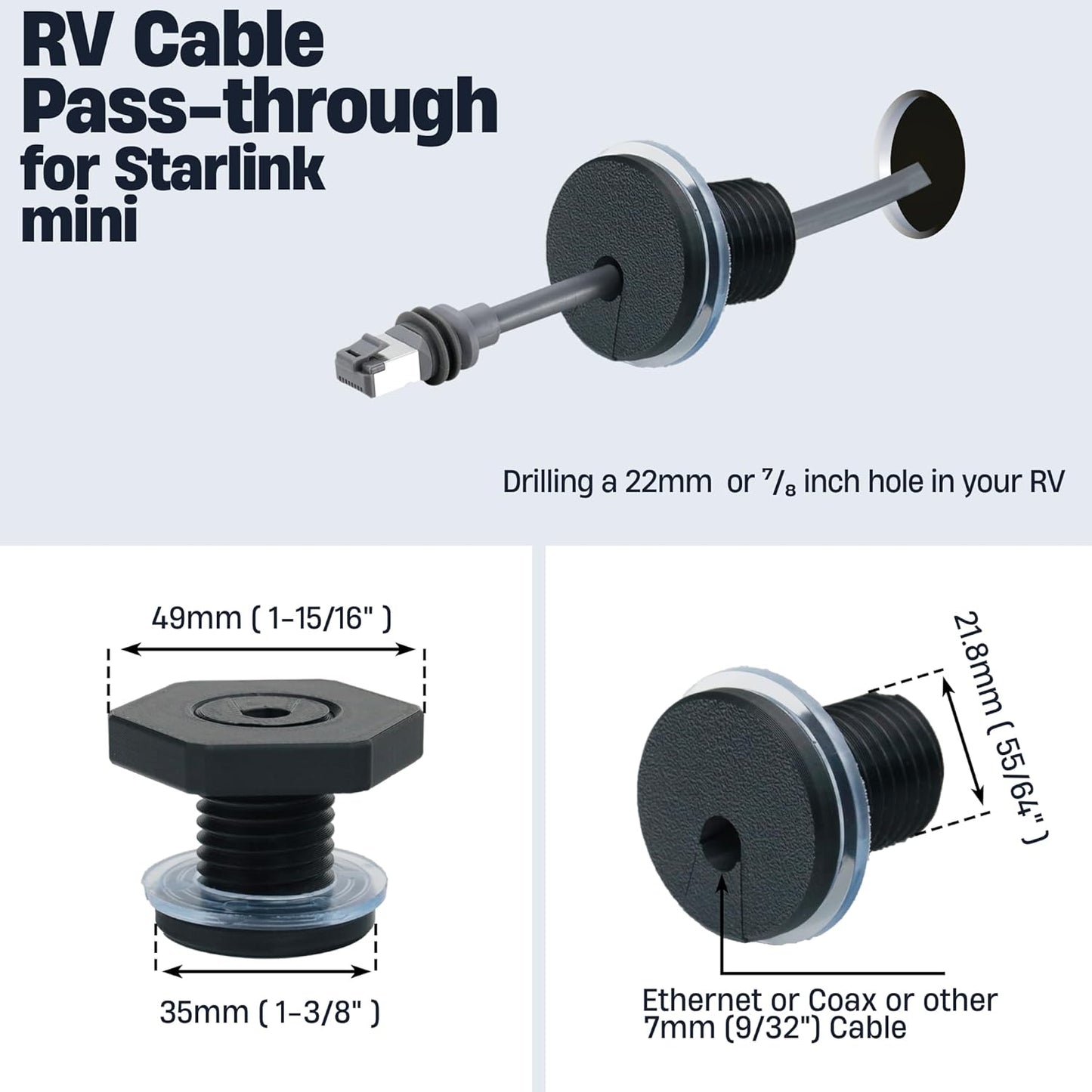 RV Cable Passthrough for Starlink mini, RV Cable Grommet Compatible with Starlink, Ethernet, Coax, Water-Resistant and Anti-Drop RV Cable Routing(Black)