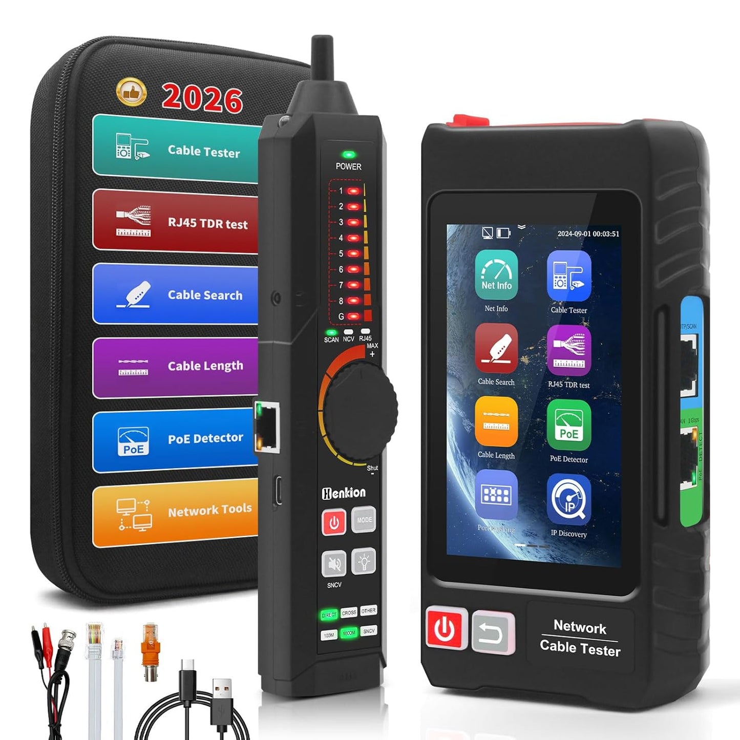 Multifunction RJ45 Network Caber Tester, 4" IPS Touch Screen UTP Cable Tester,Rechargeable Ethernet Cable Tracer,Support Network Tools, POE++ Detect,Cable Length Meter,RJ45 TDR Test, NCV,PD Power,FTP