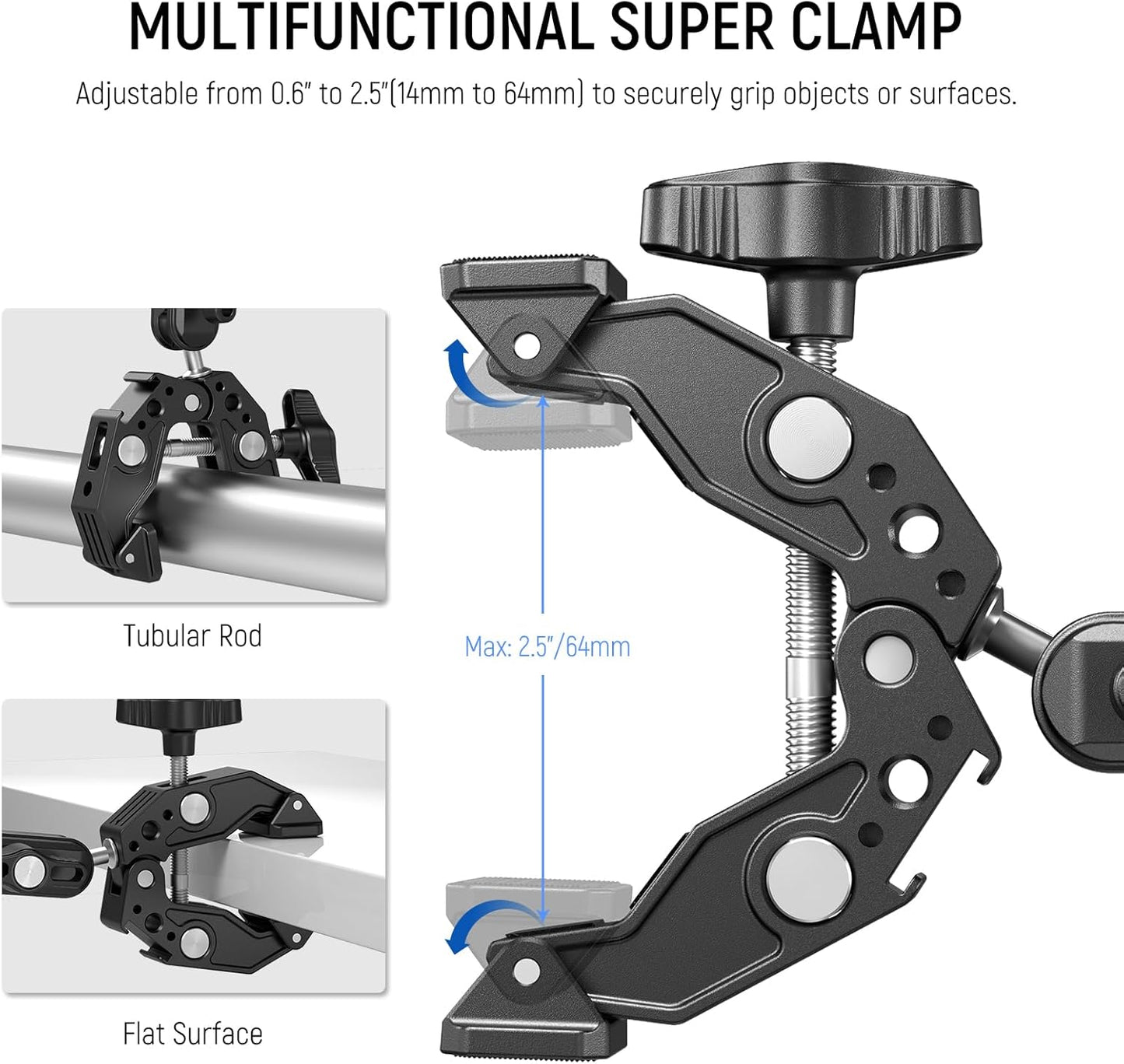 NEEWER Double Super Clamp with Magic Arm, Cleaning Cloth, Umbrella Camera Pole Clamp Mount for Desk Photo Studio Light Stand, Reflector, Scrim, Cross Bar, Motorcycle, Photography Accessories, UA036