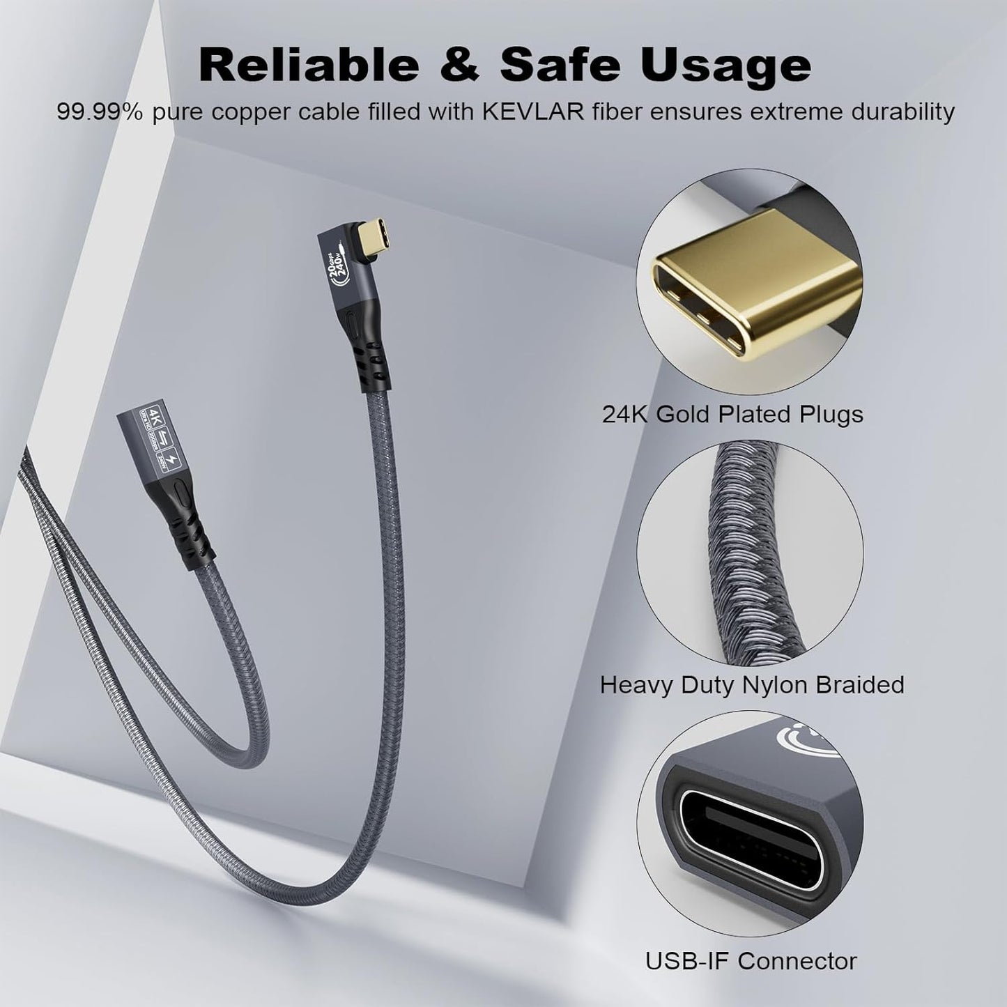 CABLEDECONN USB C 3.2 Gen-2 Extension Cable 0.5M 1.6FT 90 Degree Elbow Thunderbolt 3 240W Fast Charging Cable Male to Female Data Transfer 20Gbps 48V/5A 4K Video Cable Compatible with MacBook