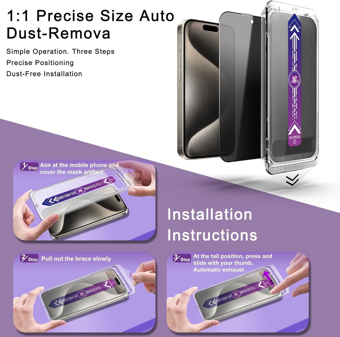 Privacy Screen Protector for iPhone 17, iPhone 16 Pro 6.3-Inch, Auto Dust Removal, 9H Tempered Glass, Full Cover, Anti-Fingerprint, Easy Installation,2 Pack