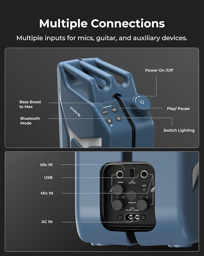 ULTIMEA Go Portable Party Speaker, 300W Wireless PartyBox with Bass Boost, RGB Light, TWS Stereo, Auracast Mode, Mic/Guitar Input, APP Control, Powerful Bluetooth Speaker for Party and Outdoor (Blue)