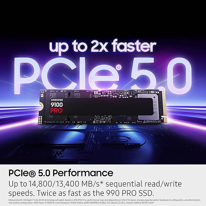 Samsung SSD 9100 PRO 2TB, PCIe 5.0x4 M.2 2280, Seq. Read Speeds Up to 14,700MB/s, Best for AI Computing, Gaming and Heavy Duty Workstations (MZ VAP2T0B/AM)