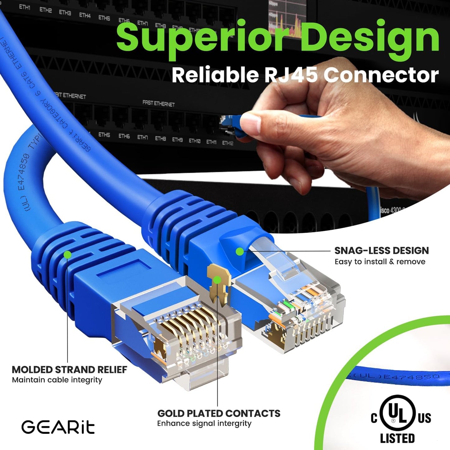GearIT Cat 6 Ethernet Cable (16-Pack 1 Foot) Cat6 Network Patch, 10Gbps, RJ45, Snagless Cord, Gold-Plated Connectors, Internet for PC, TV, Tablet, Router, Printer, Servers, IT Data Center - Blue