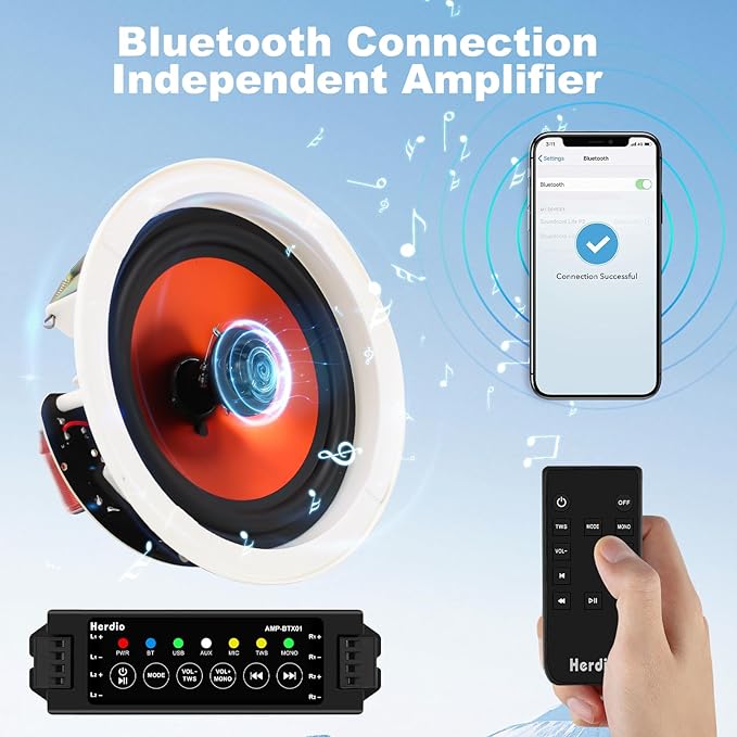 Herdio 8 Inch 800 Watts High Power Bluetooth Ceiling Speakers - 4 Recessed Speakers, Crisp Surround Sound for Home Theater, Bedroom, Kitchen, Office & Covered Patio(2 Paris)