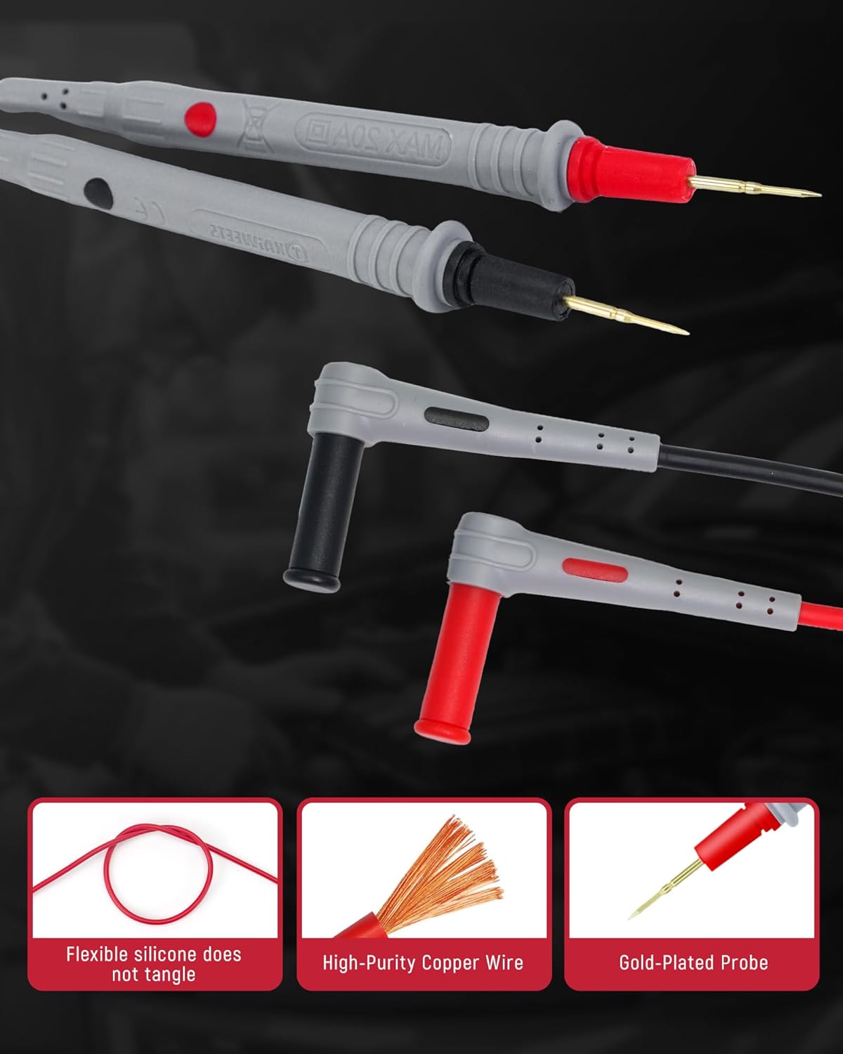 KAIWEETS Silicone Multimeter Test Leads with Gold-Plated Probes, 48 inch Long, CAT III 1000V CAT IV 600V 20A, Compatible with Volt Clamp Meter Electrical Testing Tools