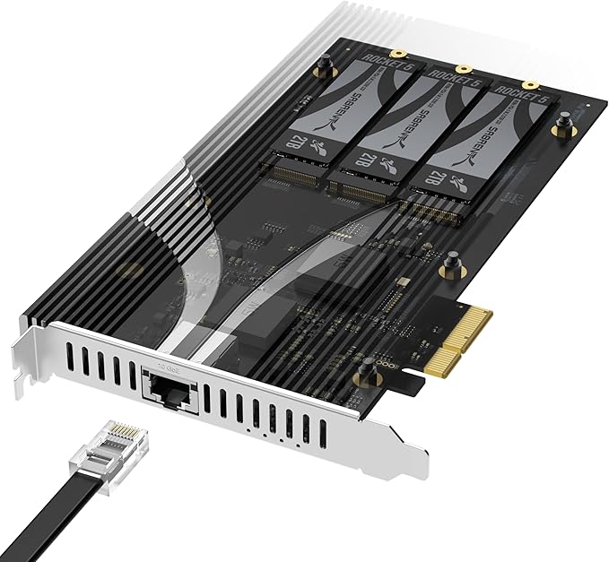 SABRENT PCIe 3.0 x4 Add-in Card with 10GbE and 3X M.2 NVMe SSD Slots, Tool-Free Aluminum Heatsink, Supports 2230/2242/2260/2280, No Bifurcation Required, NAS/Server/PC Compatible (EC-PM2L)