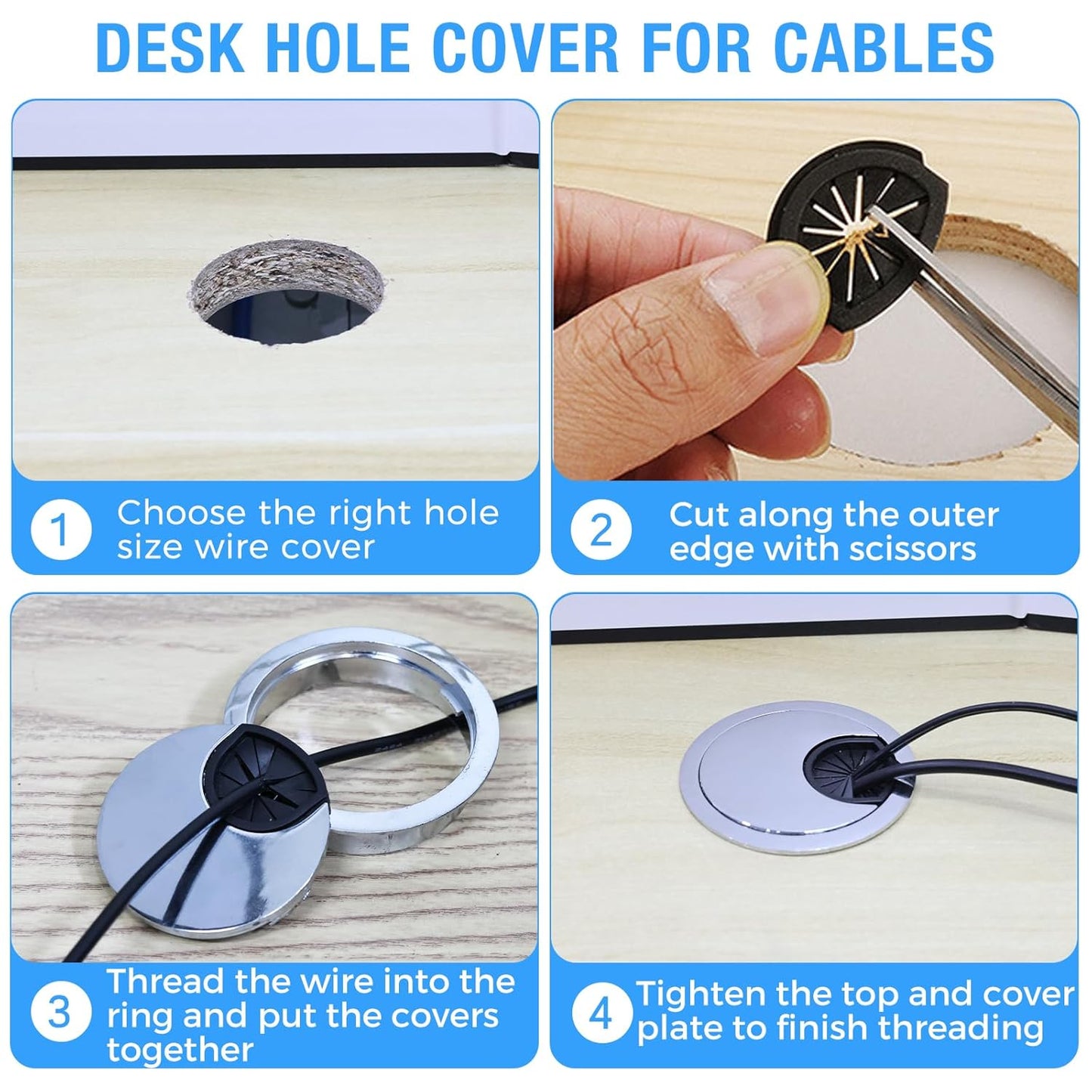 Desk Grommet 2-3/8" (60 mm), Desk Cord Hole Cover, Cable Grommet Metal Zinc Alloy Materilal, Desk Hole Grommet for Office and Home Table Cable, Detachable Cable Cord Organizer (Brushed Silver 1 Pcs)