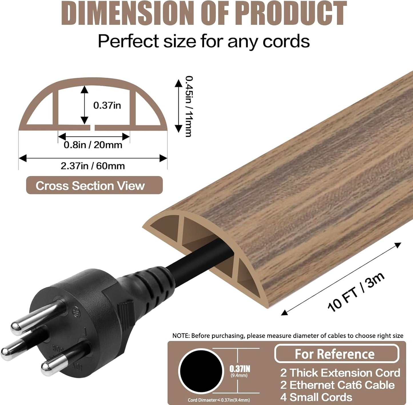 Floor Cord Cover Cavity 0.8"x0.37" Self Adhesive Cord Hider, 10FT Low Profile Cable Management, Extension Strip Protector for Wires, Prevent Cable Trips for Offices, Gyms,(Wood Smoked Brown)