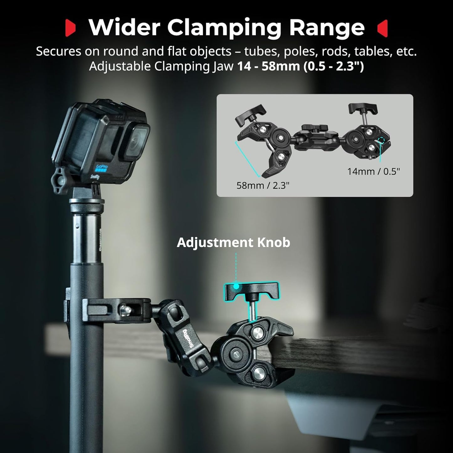 SMALLRIG Double Super Clamp Mount with Magic Arm, 360° Ballhead Pole Clamp for Umbrella, Chair Monitor Desk Photo Studio Light Stand, Photography Reflector, Motorcycle,Tripod Mount for Cross Bar