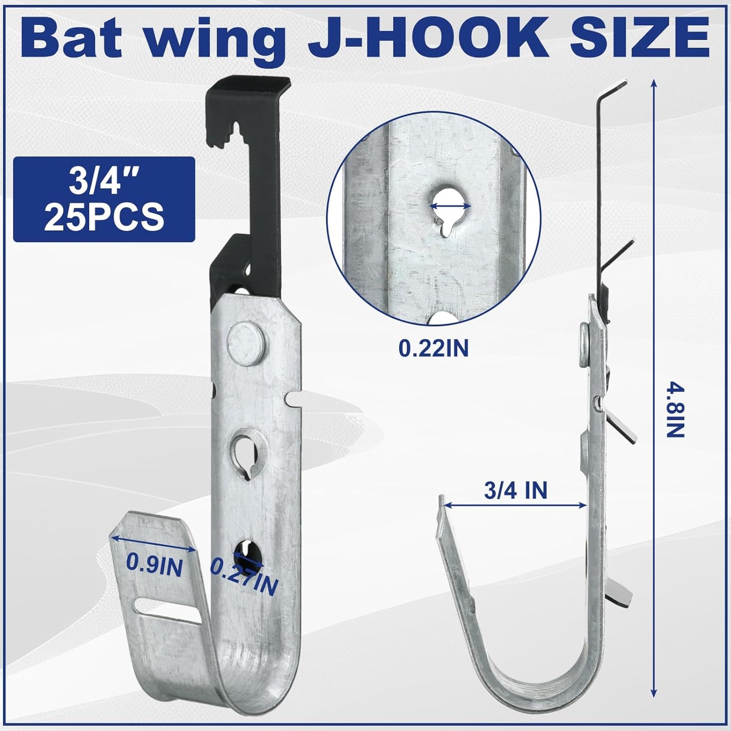 Zonon 25 Pcs J Hooks for Hanging Metal J Hook Hangers Cable Support with Bat Wing Heavy Duty G60 Galvanized Steel Cable Hooks for Attaching Ceiling Wire Threaded Rod, Ul Certification(3/4 Inch)