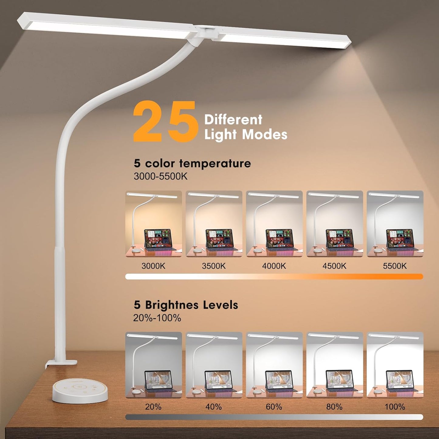 Led Desk Lamp for Office Home - Eye Caring Architect lamp with Clamp,Dual Screen Computer Monitor Gooseneck Smart Light: 24W 5 Color Flexible Adjustable Lighting Table Lamp for Study White