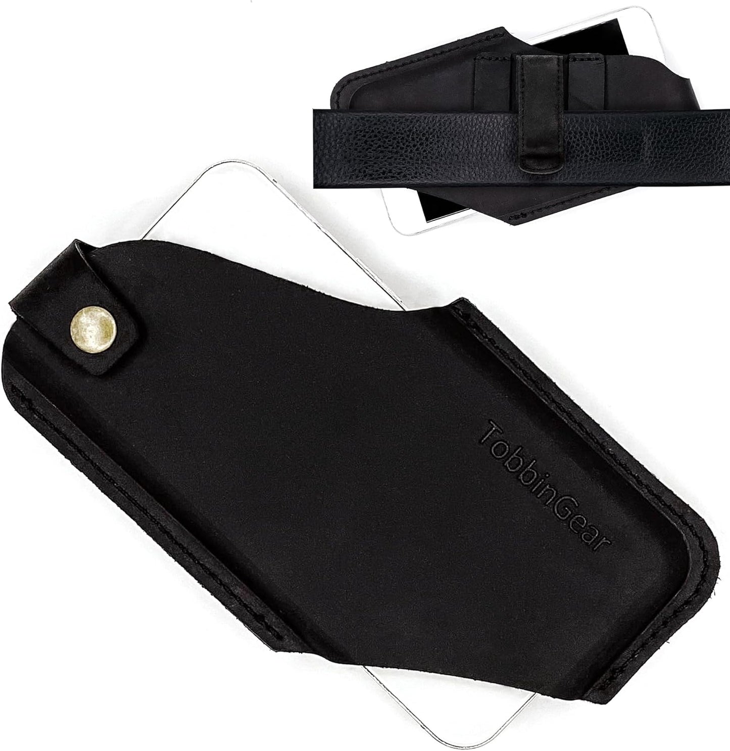 TobbinGear Left-Handed Leather Cell Phone Holster with Belt Clip, Universal Phone Holster for Men Belt Holder, Leather Case for iPhone, Samsung Galaxy Phones, Black, Medium