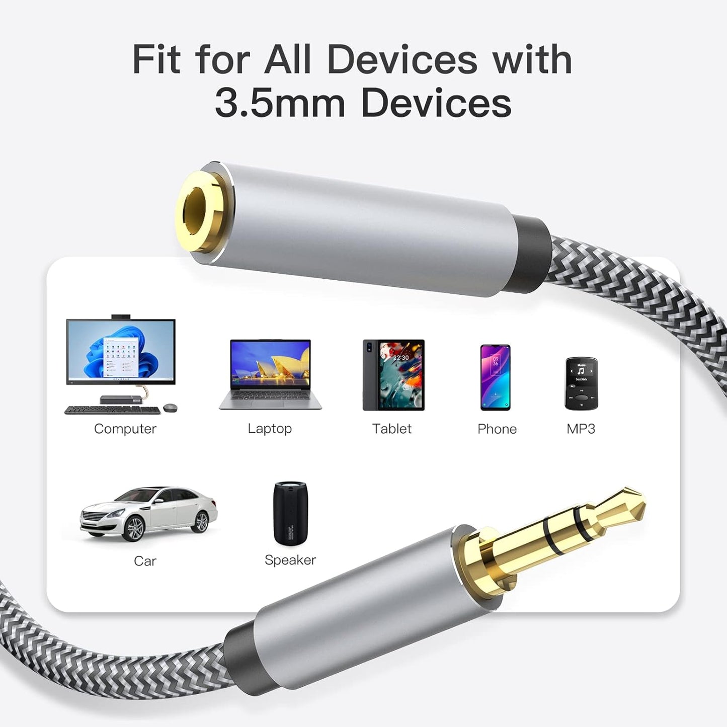 Headphone Extension Cable 10ft - 3.5mm Extension Cable Nylon Braided Aux Cord Extender for Smartphones, Tablets, Media Players (No Mic Support)