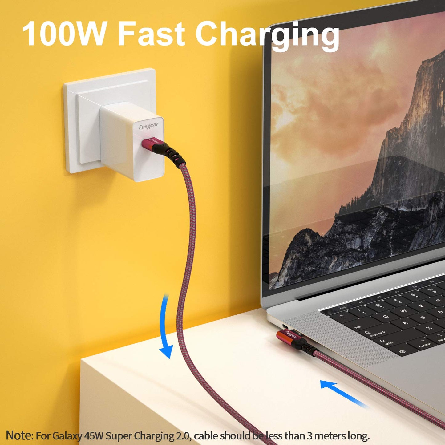 Fasgear USB C to USB C 3.1 Gen 2 Cable 6ft 90-Degree Type C 100W Cord 4K@60Hz Video Output 5A Power Delivery Charging Wire Compatible for MacBook,iPad Pro,Pixelbook,Link,T5 LaCie SSD (Red)