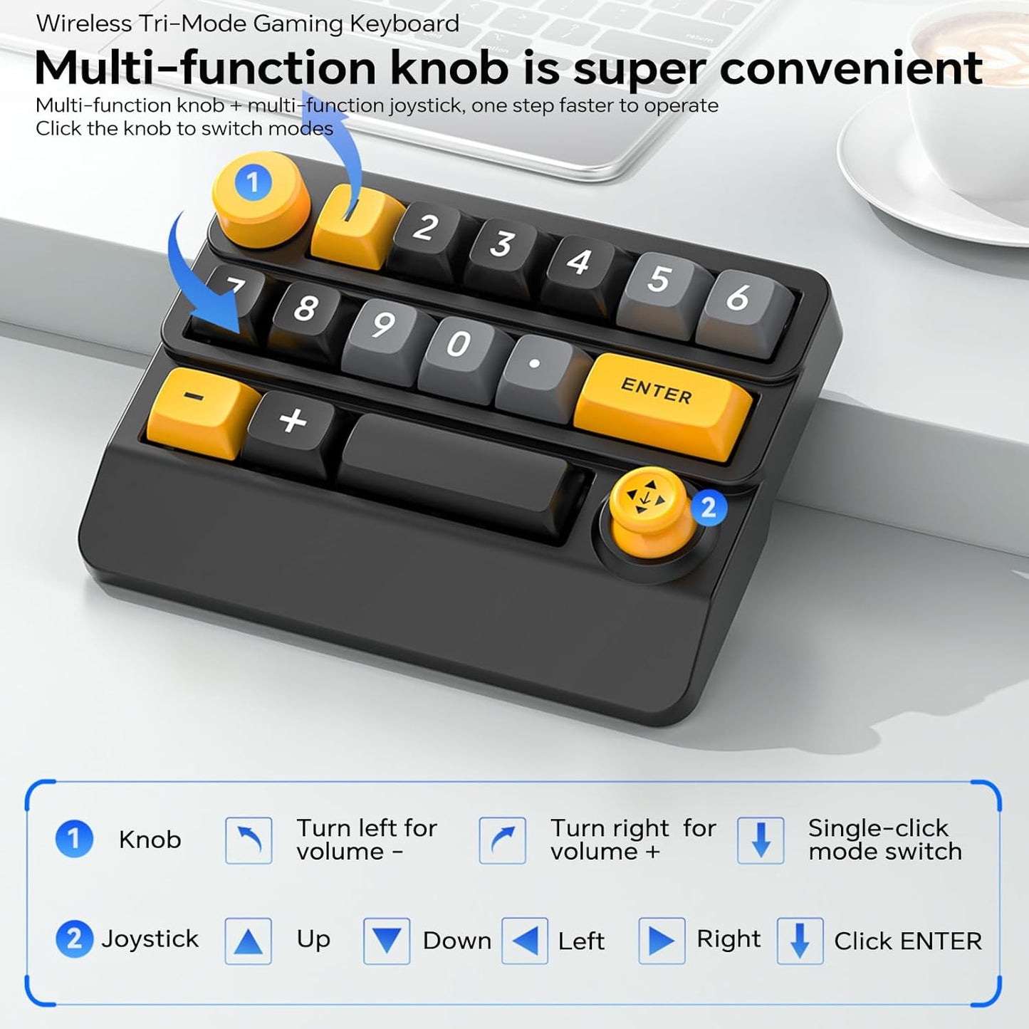 Adventurers W909 Wireless RGB Mechanical Numeric Keypad, Hot-Swappable, Macro-Programmable Numpad, Joystick & Knob Control for PC/Tablet/Laptop/Phone, Tri-Mode Connectivity (Red on Black)