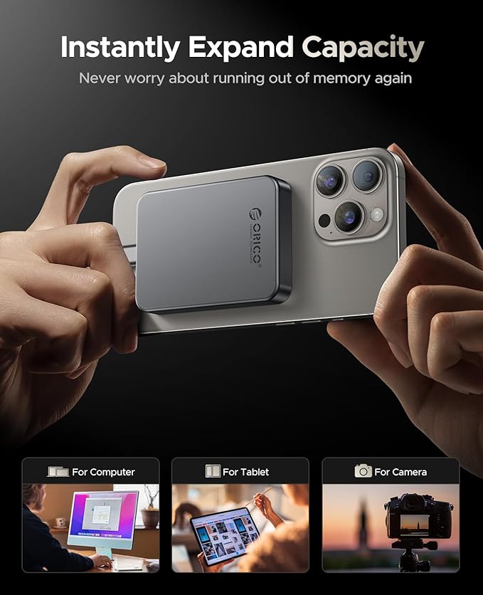 ORICO 480GB Magnetic Portable SSD, Metal Body, 4K 120 fps ProRes HDR Record and Store, Up to 460MB/s, USB C&A 2 in 1 Cable, External SSD Compatible with iPhone 16 Pro Max, Tablet, Computer - K5PLUS