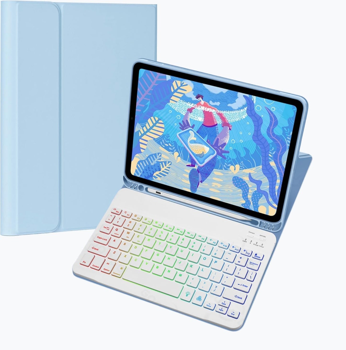 Keyboard Case for Galaxy Tab S10 Plus/S9 Plus/S9 FE Plus/S8 Plus/S7 Plus/S7 FE 12.4 Inch, 7 Color Rainbow Backlight Detachable Magnetic Keyboard Cover with S Pen Holder,Sky Blue