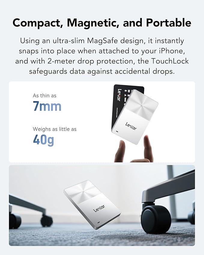 Lexar TouchLock Portable SSD 512GB with One-Touch NFC Encryption Authentication, External Solid-State Drives USB 3.2 Gen2, Magnetic Phone SSD Support for iPhone 17/16, Tablet, PC