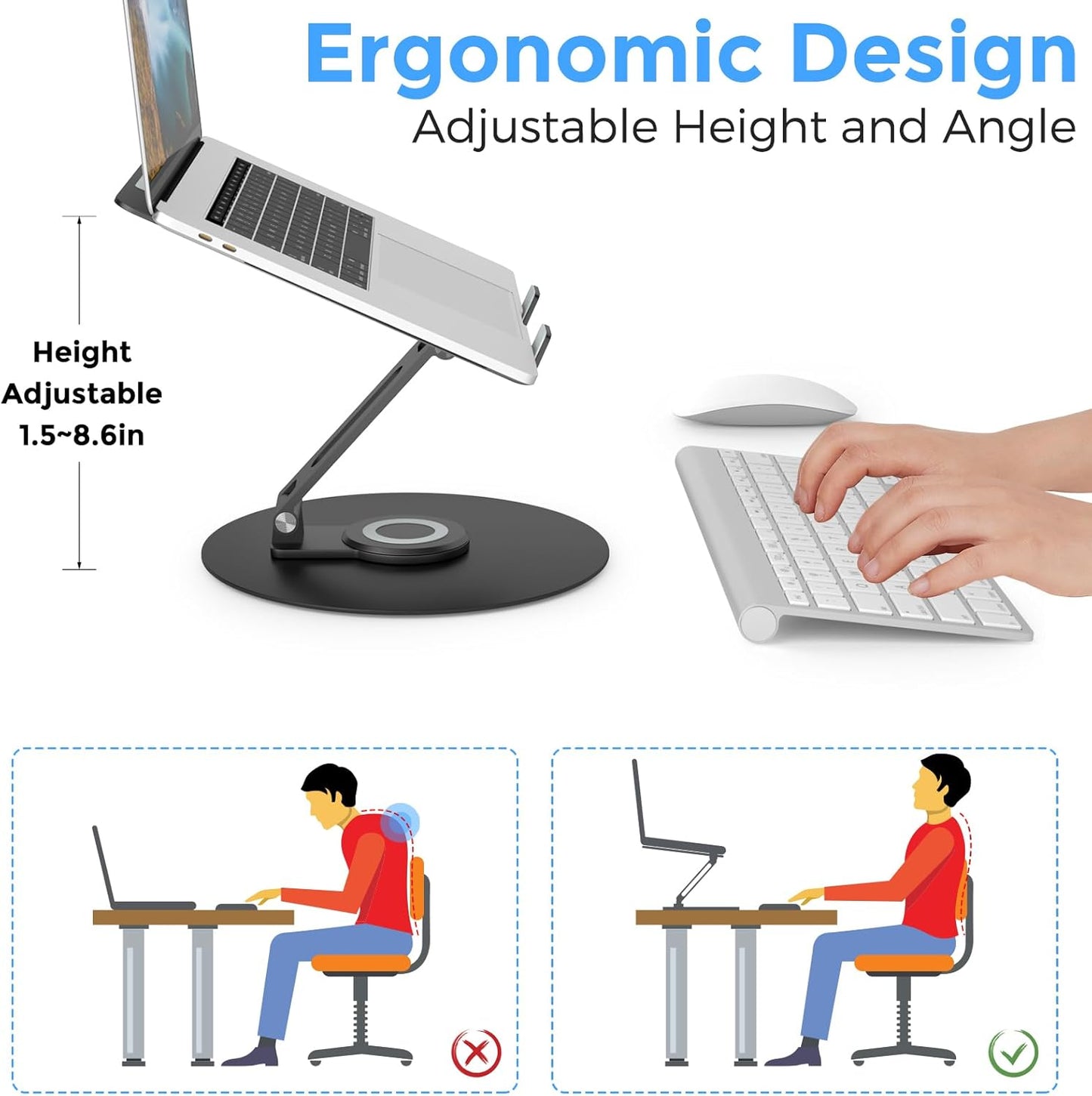 Swivel Laptop Stand for Desk, Adjustable Height Aluminum Computer Stand with 360 Rotating Base, Foldable Ergonomic Riser, Portable Laptop Holder Compatible with MacBook, All Laptops 10-17'', Black