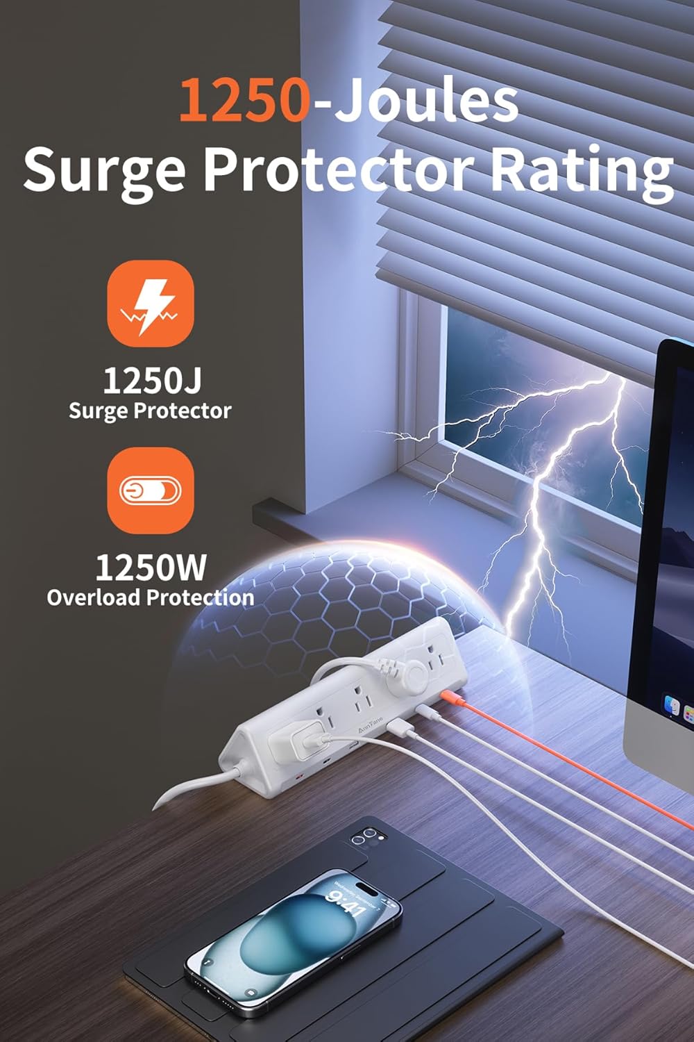 6.5 FT Desk Clamp Power Strip with 5 AC Outlets & 6 USB Ports PD 40W USB-C Fast Charging, 1250J Surge Protector, Fits 2.6 in top Edge White