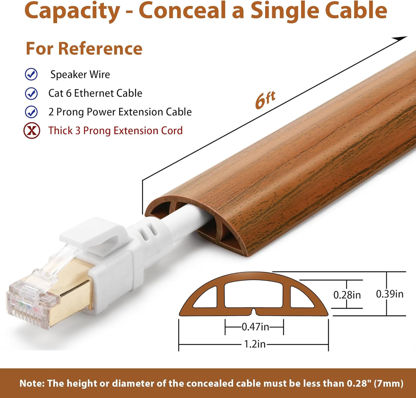 Floor Cord Cover 6ft, Cord Hider Floor Brown Walnut Wood, Cable Management Prevent Trips, Cable Cover Wire Covers for Electric Power Cords, Wire Protector Cavity W0.47in x H0.28in