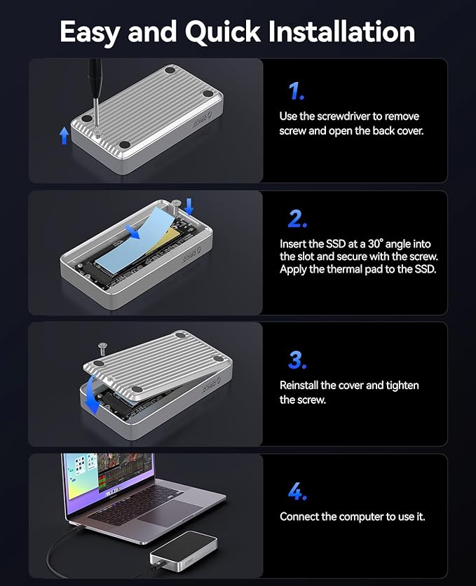 ORICO 80Gbps M.2 NVMe SSD Enclosure Silent Fanless Compatible with Thunderbolt 5/4/3/USB4 X50 Dual-chip USB3.2/3.1/3.0 M-Key/(M&B) Key NVMe SSDs up to 8TB Fanless Silent Cooling- X50PRO