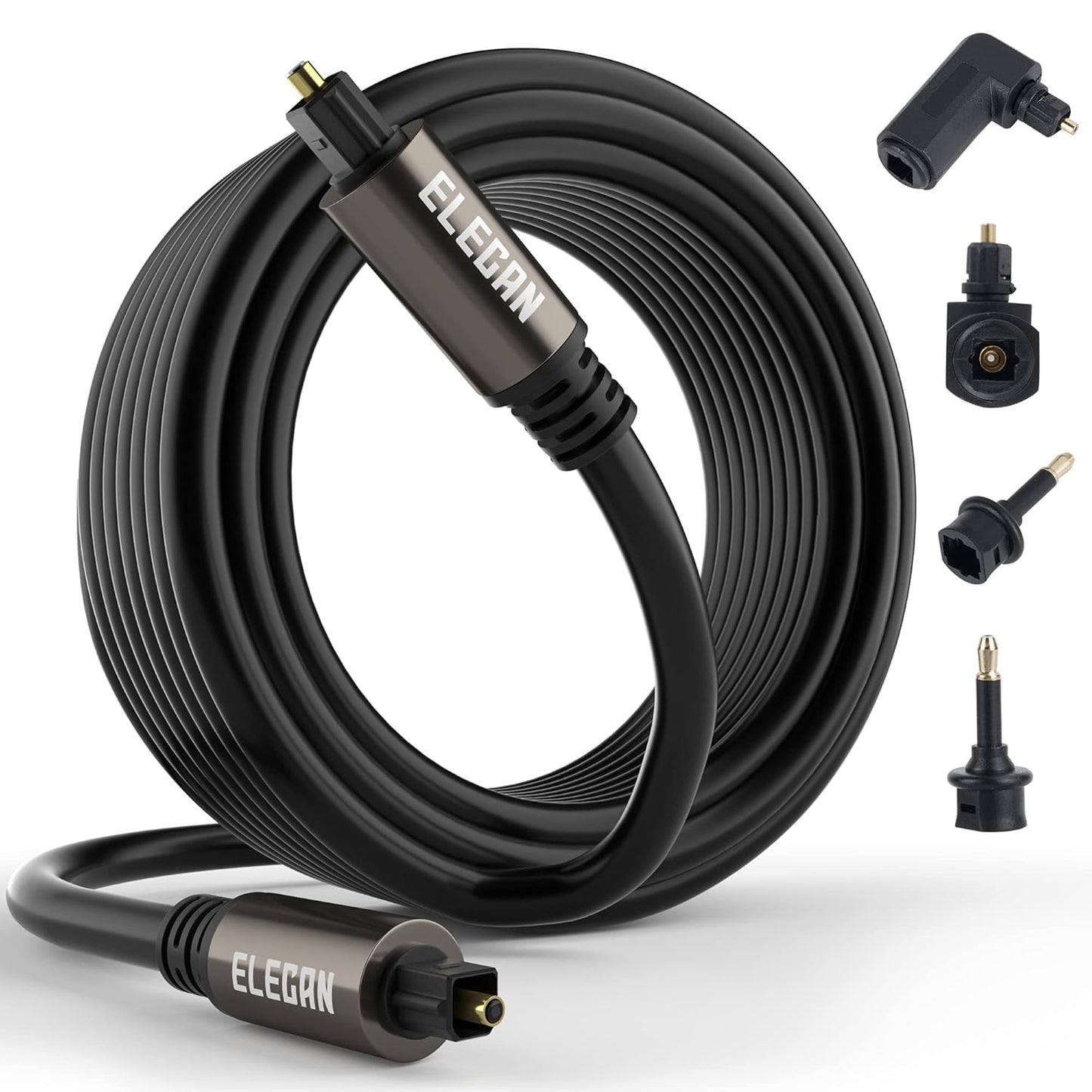 Elecan Optical Audio Cable 150 Ft Digital Audio Toslink Cable Cord-Fiber Optic-Gold Plated-Flexiable&Durable-for Home Theater,Sound Bar,PS4&Xbox-with 4 Right Angled and Mini Toslink Adapters+Ties