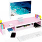 Spacrea Metal Desk Organizers and Accessories, Dual Monitor Stand Riser with Drawer and 2 Pen Holders, Desk Accessories & Workspace Desktop Organizers for Office Supplies (Pink)