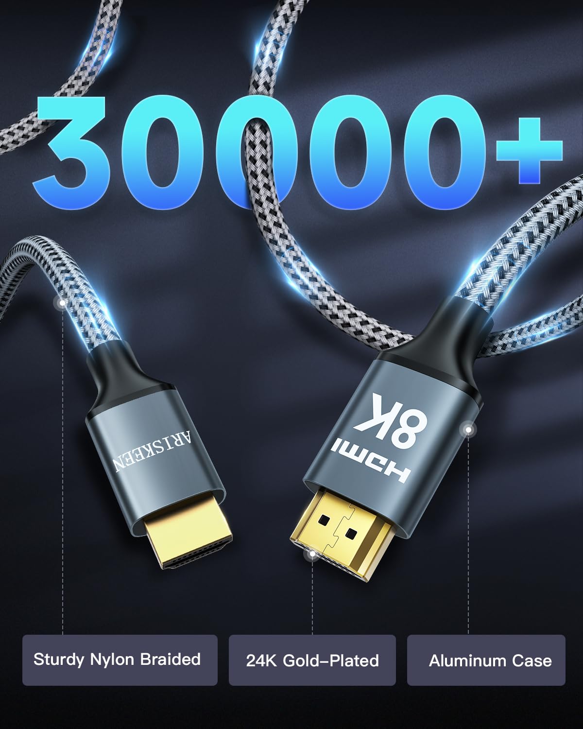 ARISKEEN 8K HDMI Cable 20FT, 48Gbps High Speed HDMI 2.1 Cable, 8K 60Hz, 4K 120Hz 144Hz Support for HDR 10, HDCP 2.2 2.3, eARC, DTS:X, Braided HDMI Cord Compatible with Laptop/HDTV/Monitor - 20 Feet