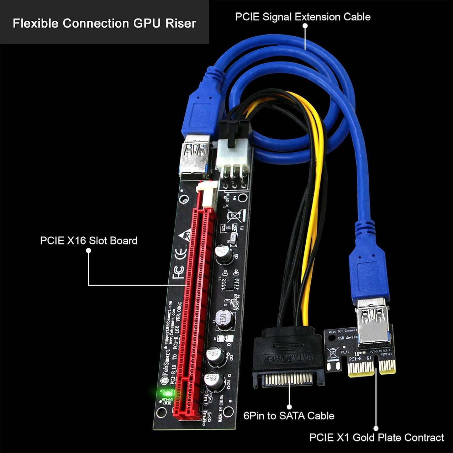 GPU Riser for Ethereum Mining Rigs, PCIE Risers for ETH Mining Rigs, 6PCS Black