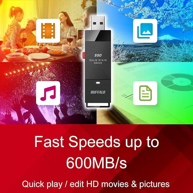 BUFFALO External SSD 500GB - Up to 600MB/s - USB-C - USB-A - USB 3.2 Gen 2 (Compatible with PS4 / PS5 / Windows/Mac) - External Solid State Drive Stick - ‎‎‎SSD-PUT500U3B