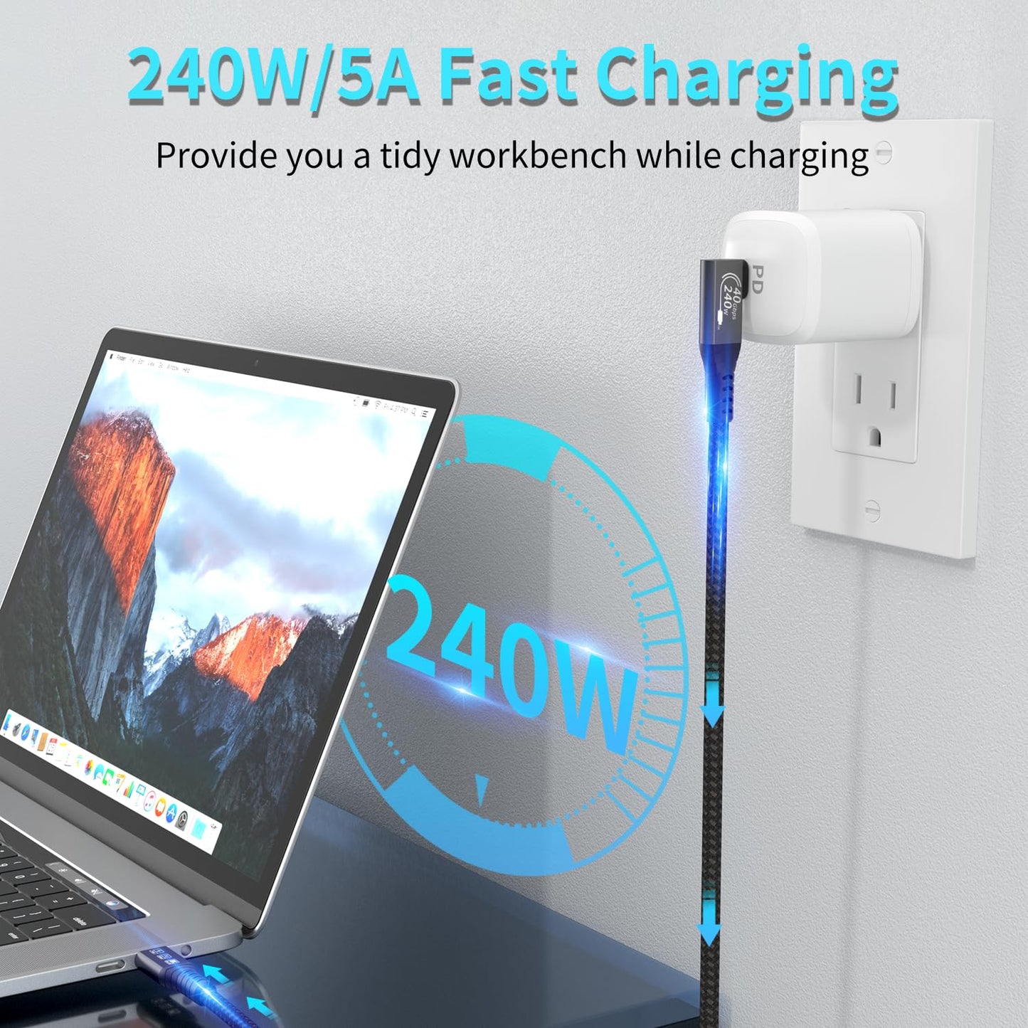 USB4 Cable, with Thunderbolt 4, 240W Charging, 40 Gbps Data, 8K @ 60Hz HDR, USB C to USB C Cable, 90Degree for MacBook,Hub, Dock, M2, M3, Mac SSD (90Degree USB4 40G 240W 2M)