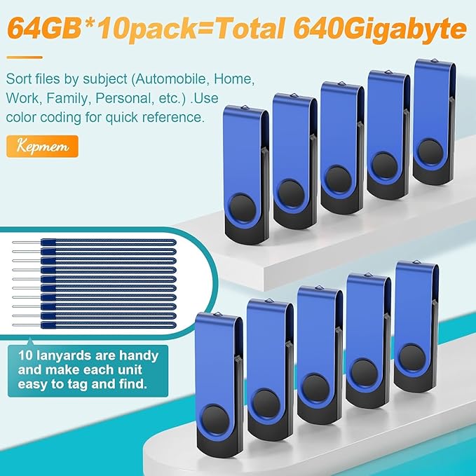 Kepmem Metal Thumb Drive Swivel USB 2.0 Memory Stick Blue Jump Drive Portable 64GB Pack of 10 with Lanyards