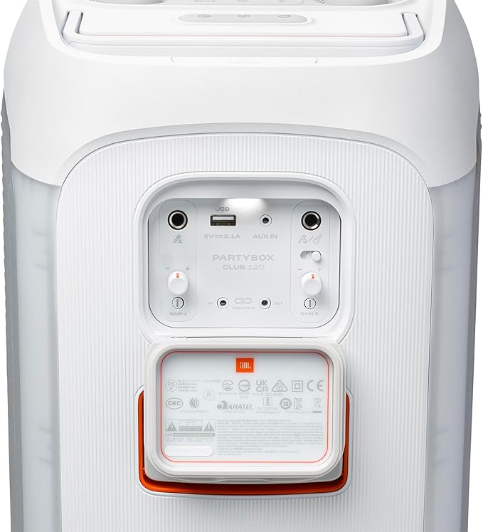 JBL PartyBox Club 120 - Portable Party Speaker with Foldable Handle, Powerful JBL Pro Sound, Futuristic lightshow, Up to 12 Hours of Play time, Splash Proof, Dual Mic & Guitar Inputs (White)
