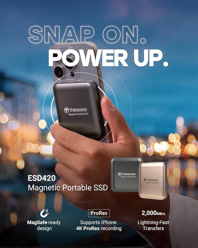 Transcend ESD420 1TB Magnetic External SSD, Up to 2000MB/s, Supports Apple 4K ProRes HDR Record, MagSafe, iPhone17,16,15/iPad/Mac/Tablets/Windows/Android, USB 3.2 Gen2x2 20Gbps Portable USB-C SSD