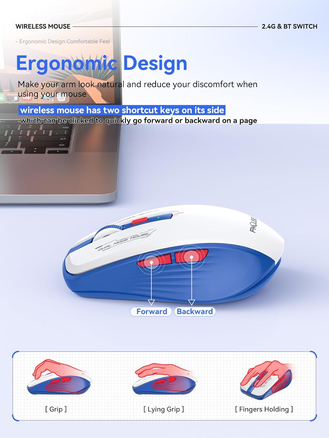 Wireless Mouse (Bluetooth & 2.4GHz USB) with Forward/Backward Side Keys, Silent Click, Ergonomic Portable AA Battery Mice for Laptop/Mac/iPad - Office & Travel Use, White & Blue