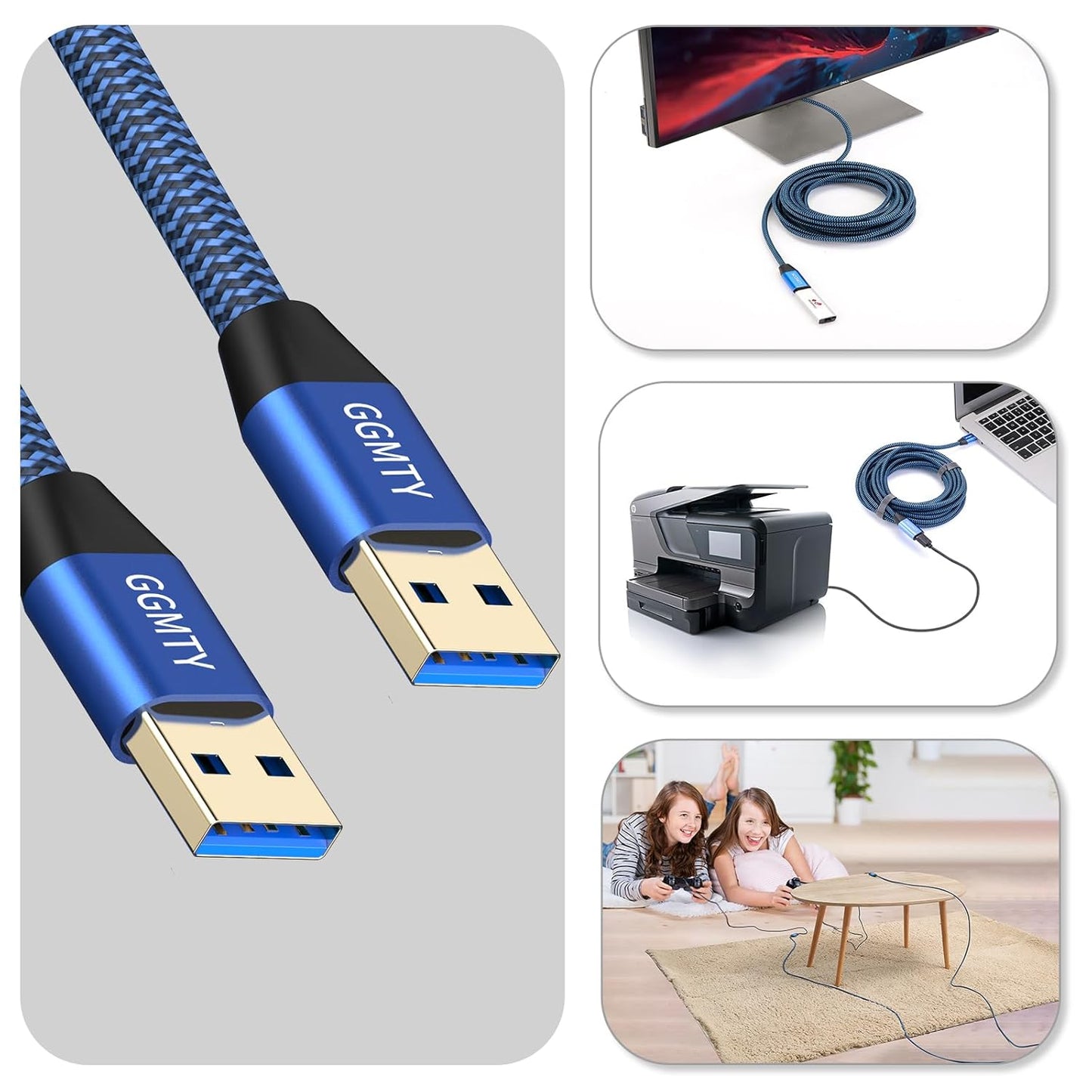 USB to USB Cable 1.5FT,Durable Braidedfor USB 3.0 Male to Male Type A to Type A Cable Data Transfer Compatible with Hard Drive, Laptop, DVD Player, TV, USB 3.0 Hub, Monitor, Camera