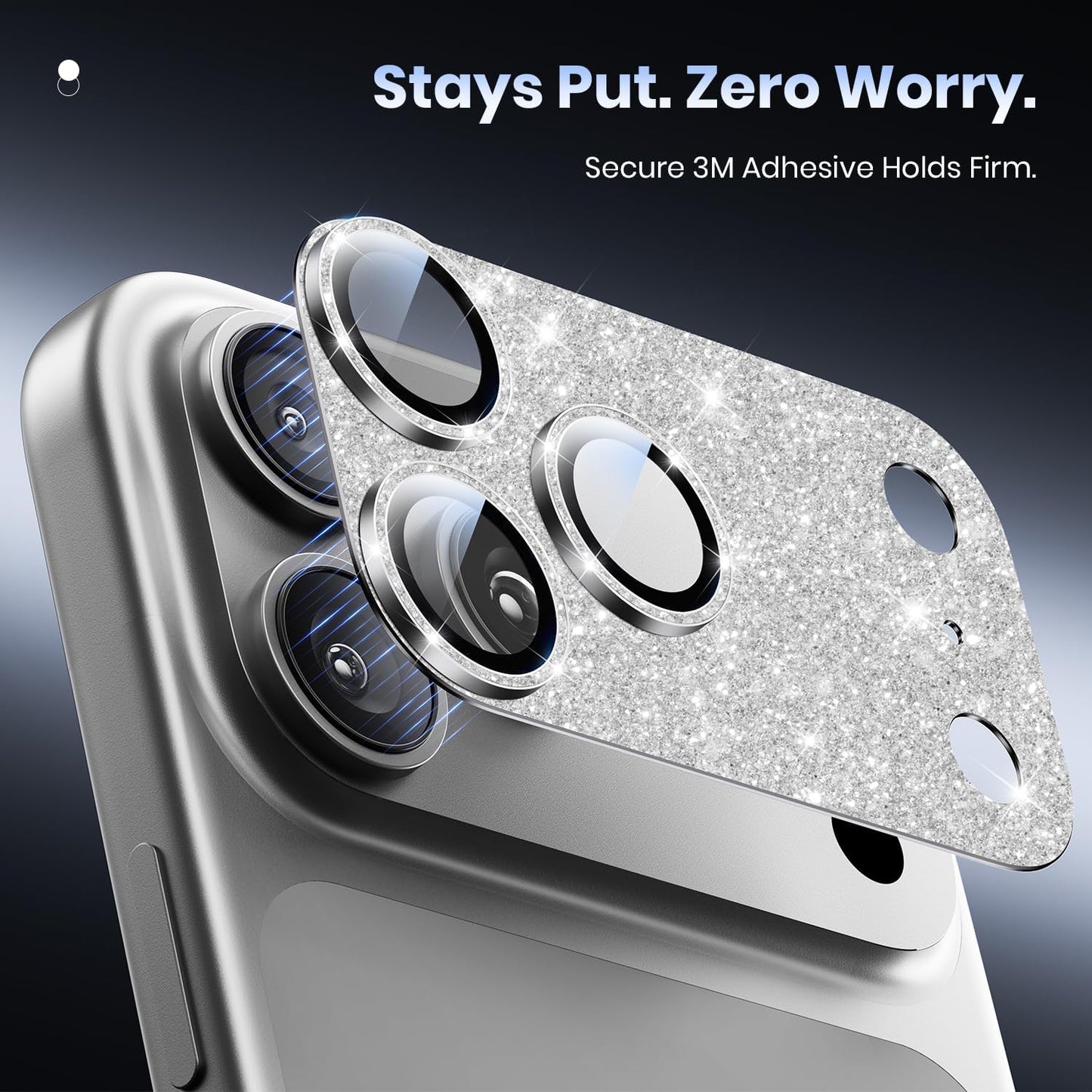 Hoerrye for iPhone 17 Pro Camera Lens Protector - [12FT Shatterproof Military Grade] [Strong Adsorption] Metal Top 9H+ Tempered Glass Camera Screen Full Cover Case Friendly,Glitter Silver