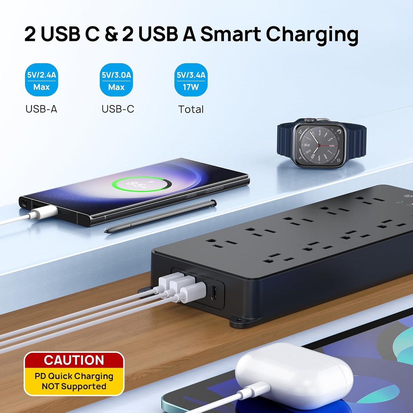 TROND Power Strip Surge Protector, Flat Plug 15ft Long Extension Cord, 10 Widely Spaced AC Outlets, 2 USB A & 2 USB C Ports, 4000J, ETL Listed, Wall Mountable, for Home Office Entertainment, Black