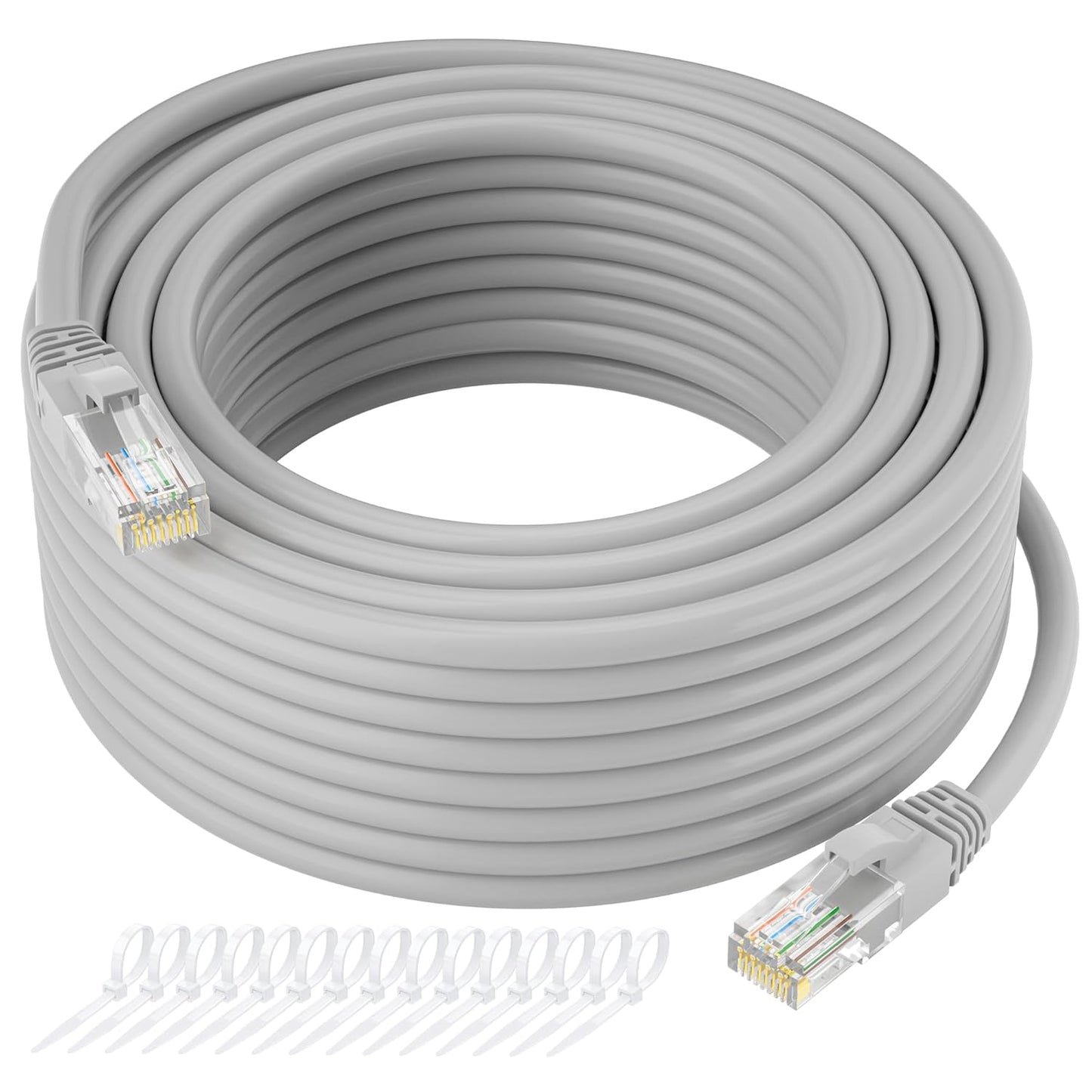 Cat5e Ethernet Cable 25 FT, Long Cat 5e Internet Cable, Grey Snagless Patch Cord, Flexible, Network, LAN, PoE, Standard RJ45 Connector for PC, Server, Router, Modem, TV, PS5 - with 15 Cable Ties