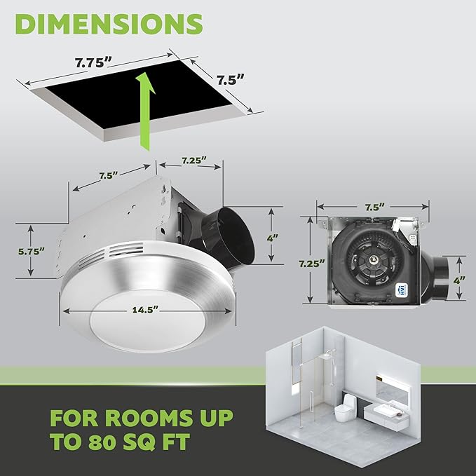 Homewerks 7117-01-BN Bathroom Integrated LED Light Ceiling Mount Exhaust Ventilation 1.1 Sones 80 CFM, Bath Fan Brushed Nickel