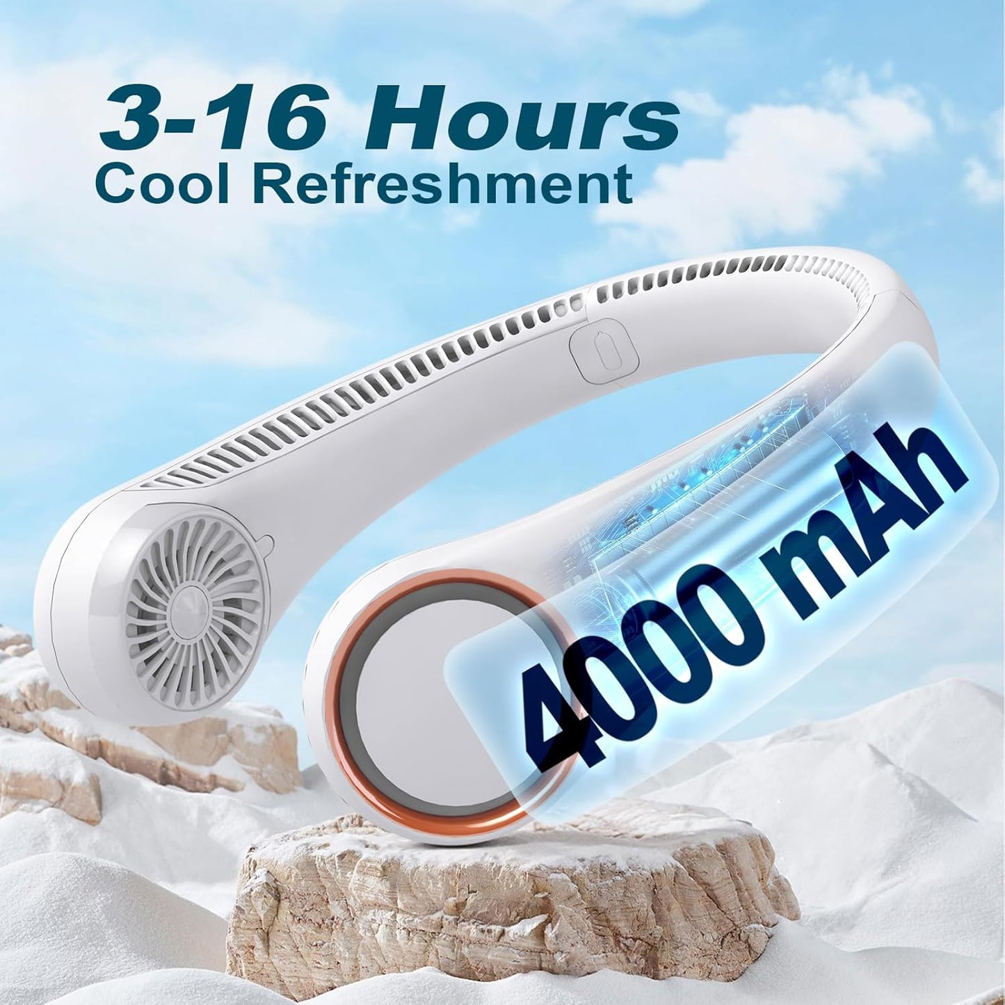 CIVPOWER Neck Fan: Portable Personal Neck Cooling Rechargeable Bladeless Fan - Hands Free 3 Speed 4000 mAh Battery USB Operated Wearable Headphone Design - for Men Women Outdoor Indoor (White)