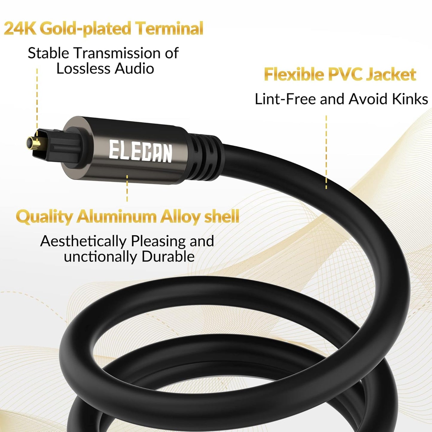 Elecan Optical Audio Cable 200 Ft Digital Audio Toslink Cable Cord-Fiber Optic-Gold Plated-Flexiable&Durable-for Home Theater,Sound Bar,PS4&Xbox-with 4 Right Angled and Mini Toslink Adapters+Ties