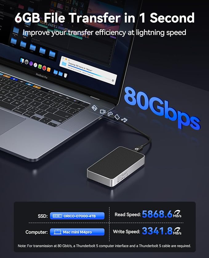 ORICO 80Gbps M.2 NVMe SSD Enclosure Silent Fanless Compatible with Thunderbolt 5/4/3/USB4 X50 Dual-chip USB3.2/3.1/3.0 M-Key/(M&B) Key NVMe SSDs up to 8TB Fanless Silent Cooling- X50PRO