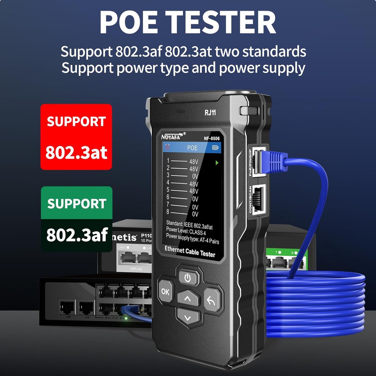 NOYAFA NF-8506 Network Cable Tester with IP Scan, TDR CAT5 CAT6 Ethernet Cable Tester, PoE PingTest, Network Rate Test, Port Flashing, Network Tester Cable Toner for RJ11 RJ45