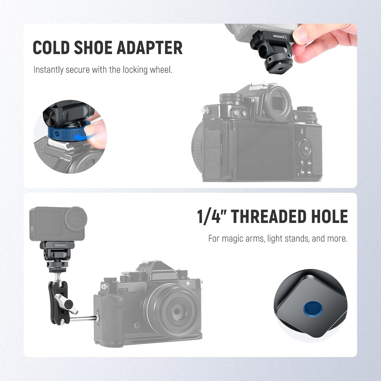 NEEWER Magnetic Mount Accessories Compatible with DJI Osmo 360 / Action 5 Pro / 4/3, Quick Release 160° Tilt Action Camera Adapter Mount with Cold Shoe, 1/4" Thread, AC012 Dark Gray