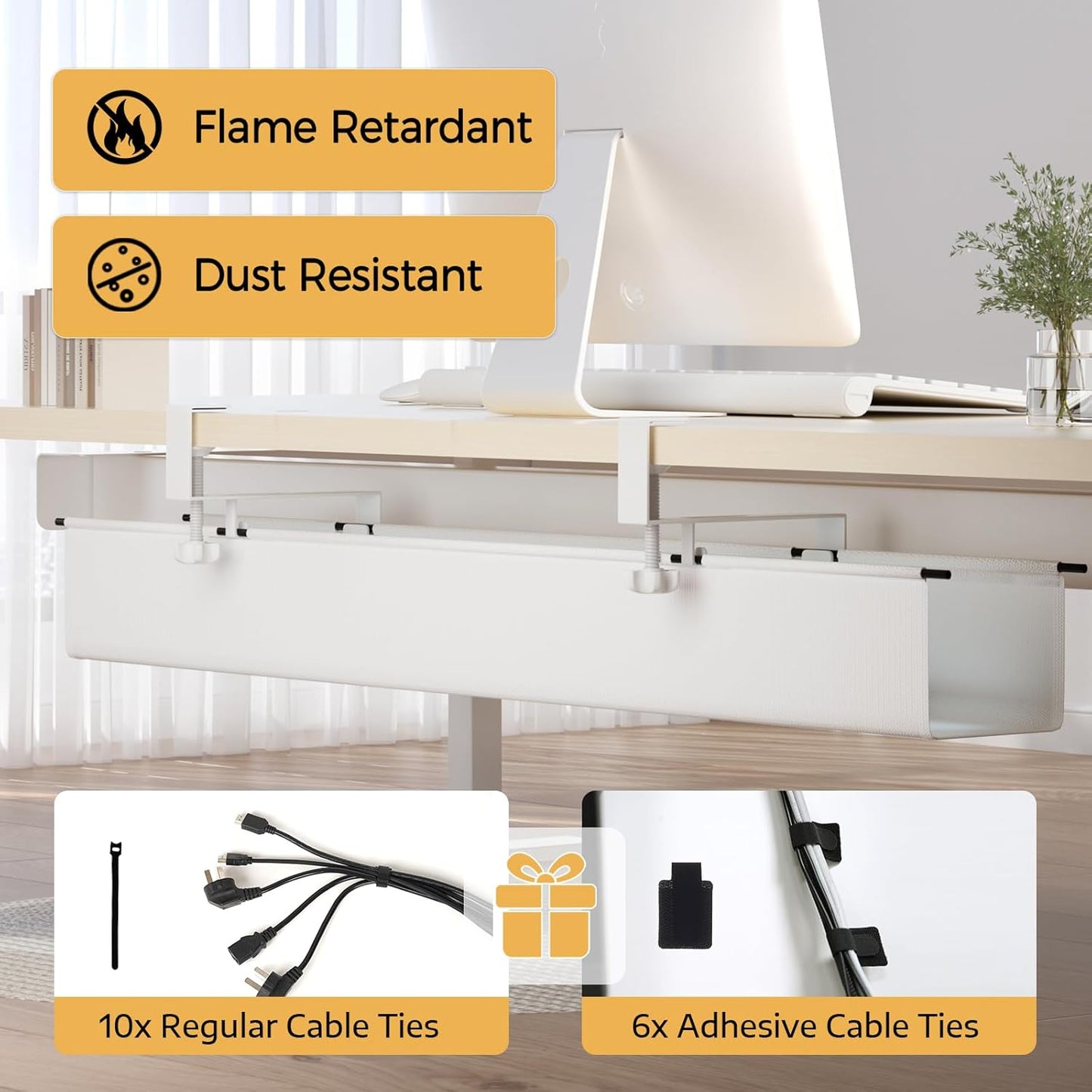 Under Desk Cable Management Tray 39.7" - No Drill Computer Wire Organizer Cable Tray, Cord Hider Clamp Mount with 16X Cable Ties PC Cables Management Cord Holder for Office/Home (Upgrade Fabric,White)